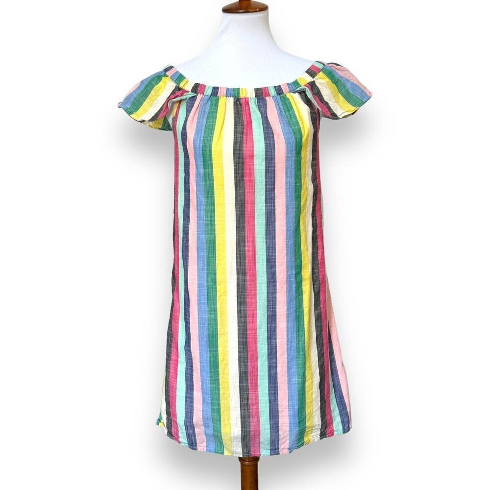 J.Crew Womens Shift Dress Multicolor Stripe Off Shoulder Cap Sleeve Cotton SMALL
